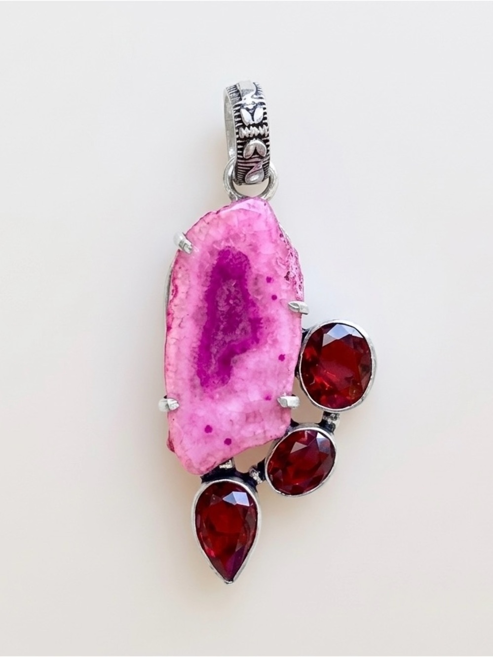 Pink Druzy and Red Gemstone Silver Pendant